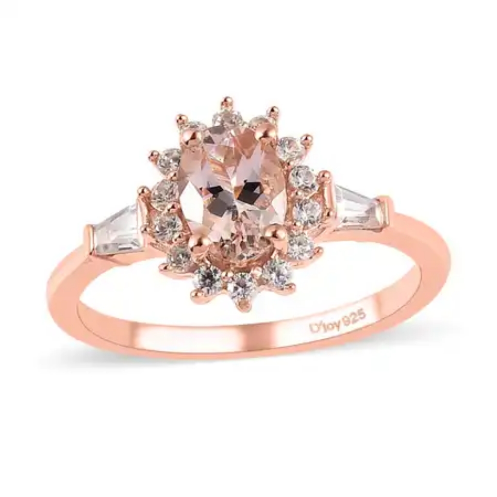 Morganite And White Zircon Sunburst Ring In Vermeil Rose Gold O/Sterling Silver